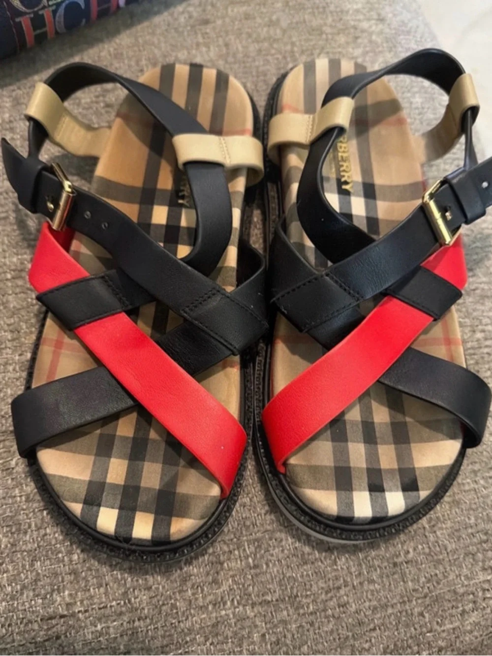 Burberry Black & Red Check Cross Leather Kids Sandals